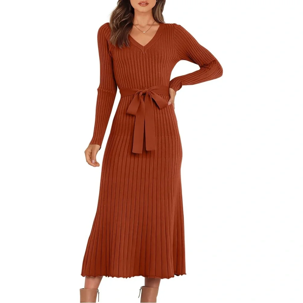 NWT Anrabess Long Sleeve Ribbed Bodycon Sweater Dress - Rust Red Brown - Picture 1 of 4